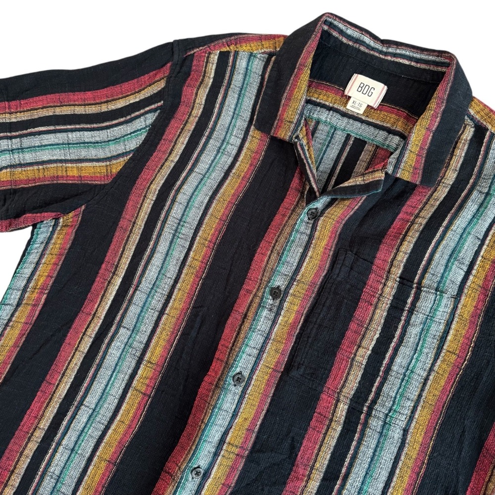 BDG XL Black Multicolor Striped Cotton Gauze Short Sleeve Mens Button Up Shirt